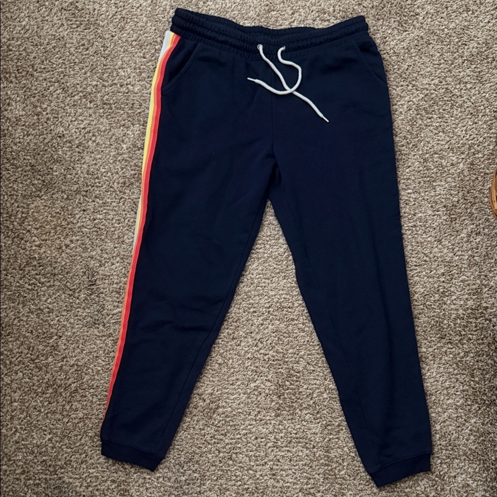 Navy Joggers with Rainbow Stripe size small